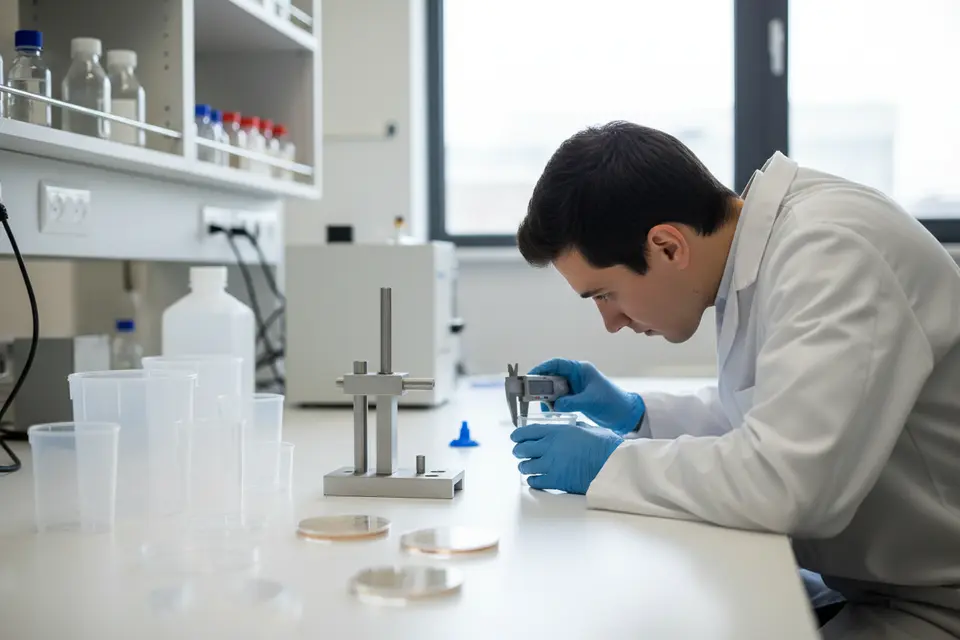 Lab worker measuring container with caliper