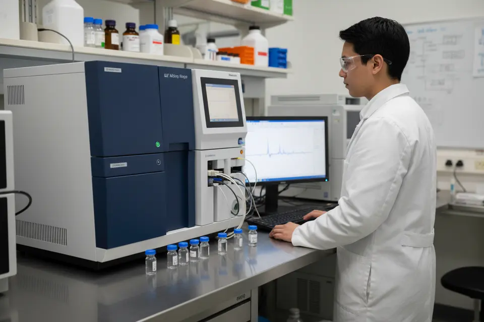 Scientist operating lab analytical instrument
