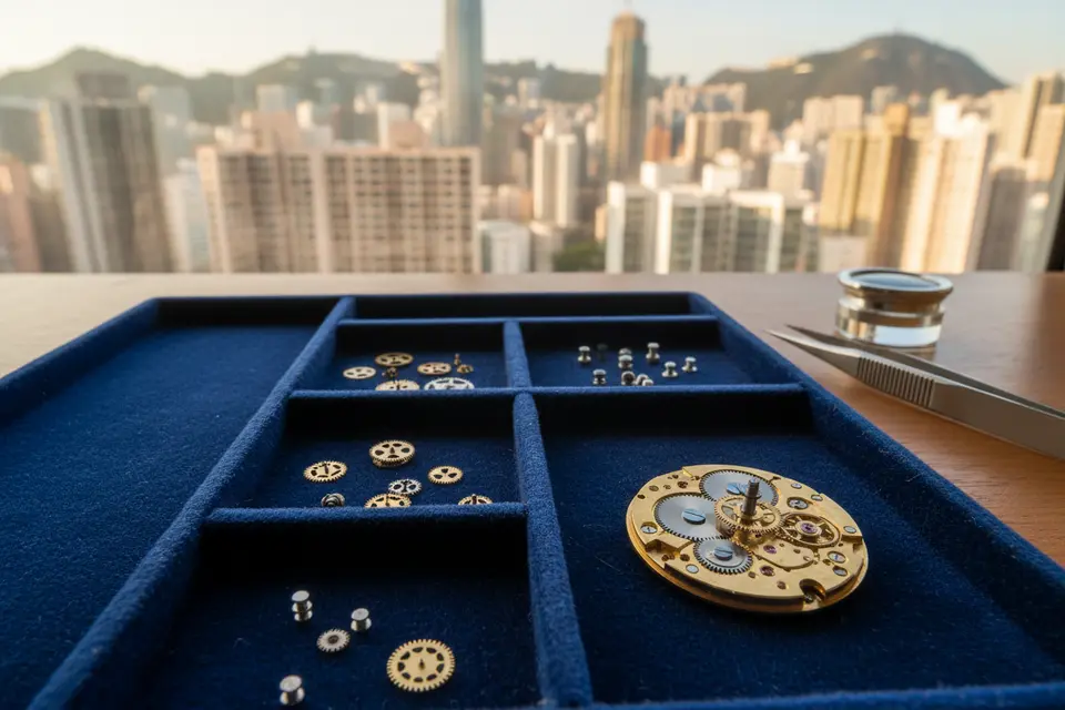 錶匠用鑷子在放大鏡下夾起拆散的日系機芯齒輪,工作檯絨布上整齊排列著螺絲與零件。