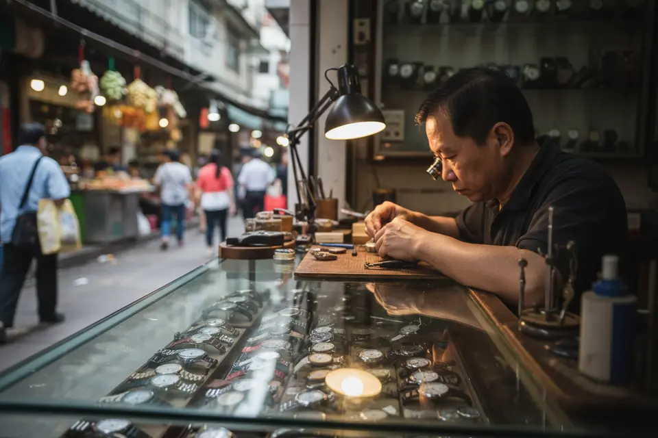 舊區街邊一間錶行內，師傅坐在工作枱前打開手錶底蓋，枱燈照亮桌上的工具與零件。