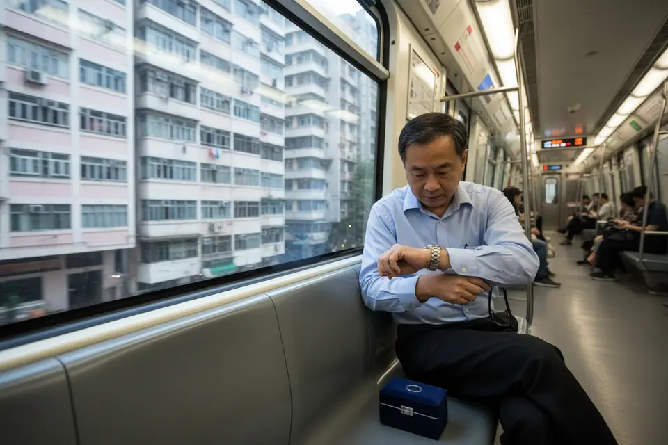 港鐵車廂內，一位中年乘客低頭看著手腕上的錶，窗外樓景快速掠過。