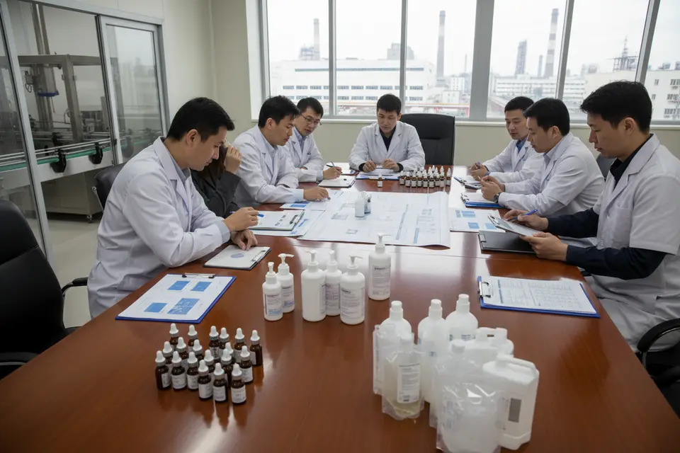 Researchers meeting with product samples