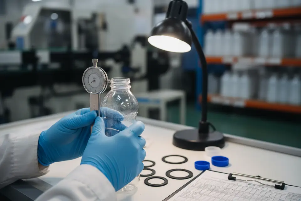 Measuring plastic bottle with dial gauge