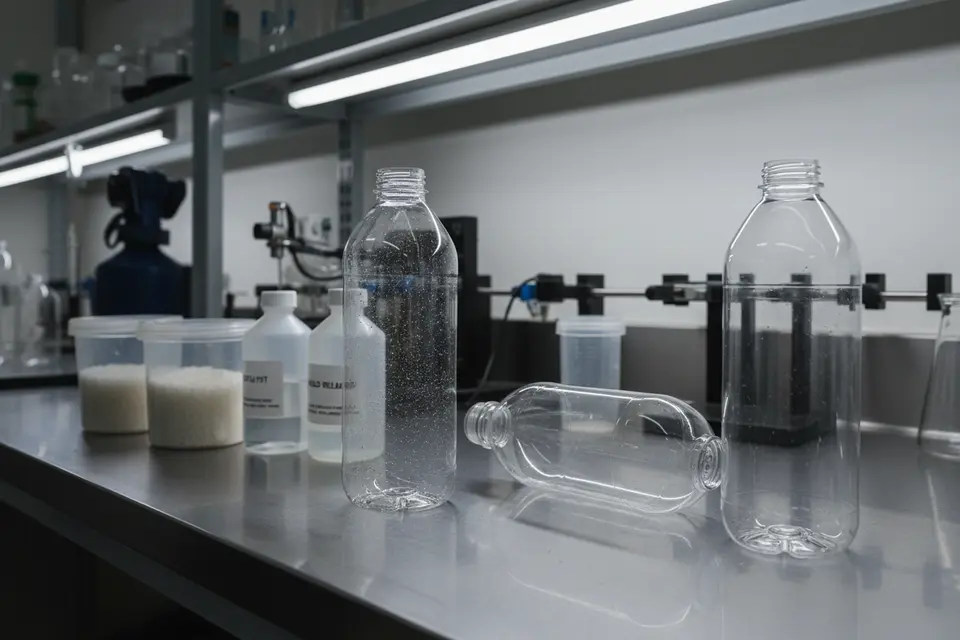 Clear plastic bottles on lab workbench