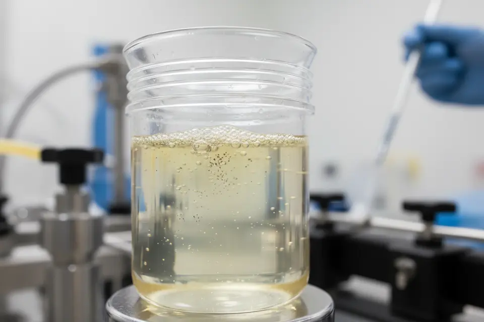 Bubbly liquid inside lab plastic jar