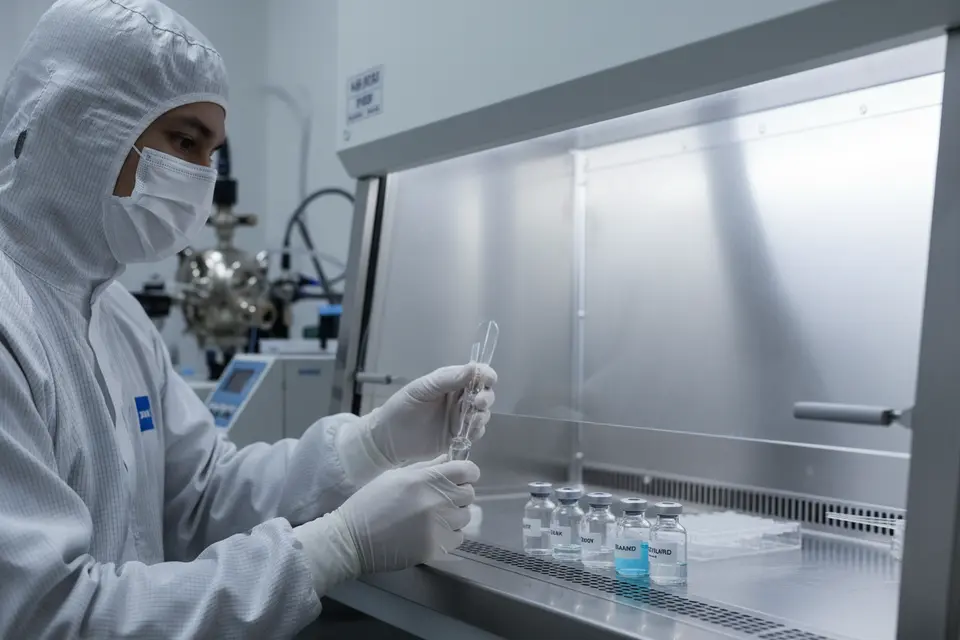 Lab technician handling glass ampoule