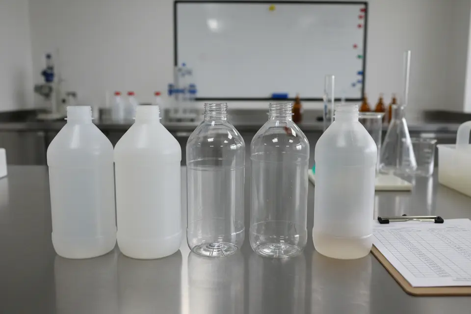 Plastic bottles on lab workbench
