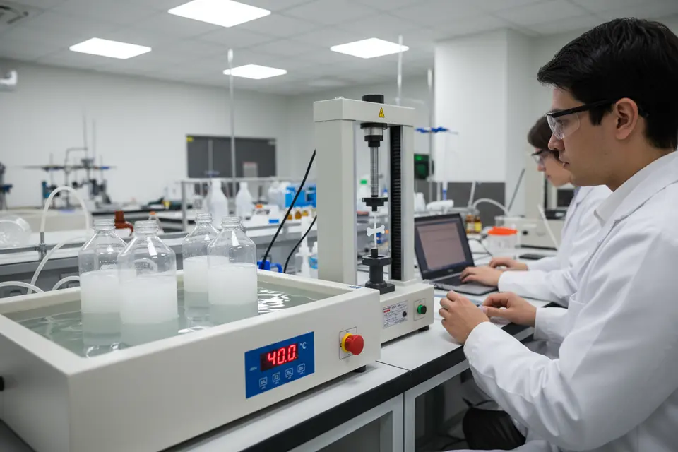 Lab technicians testing plastic bottles