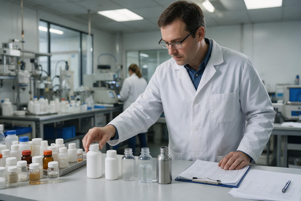 Scientist inspecting sample bottles in lab
