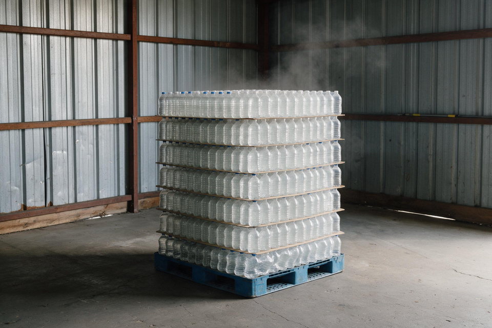 Plastic bottles stacked on warehouse pallet