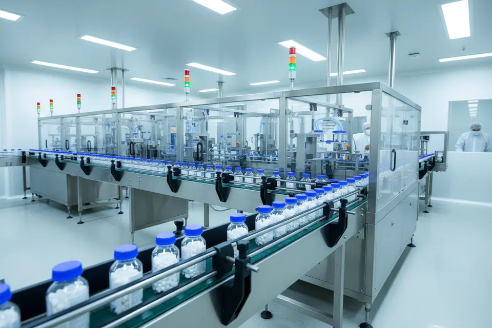 Pharmaceutical bottle production conveyor line