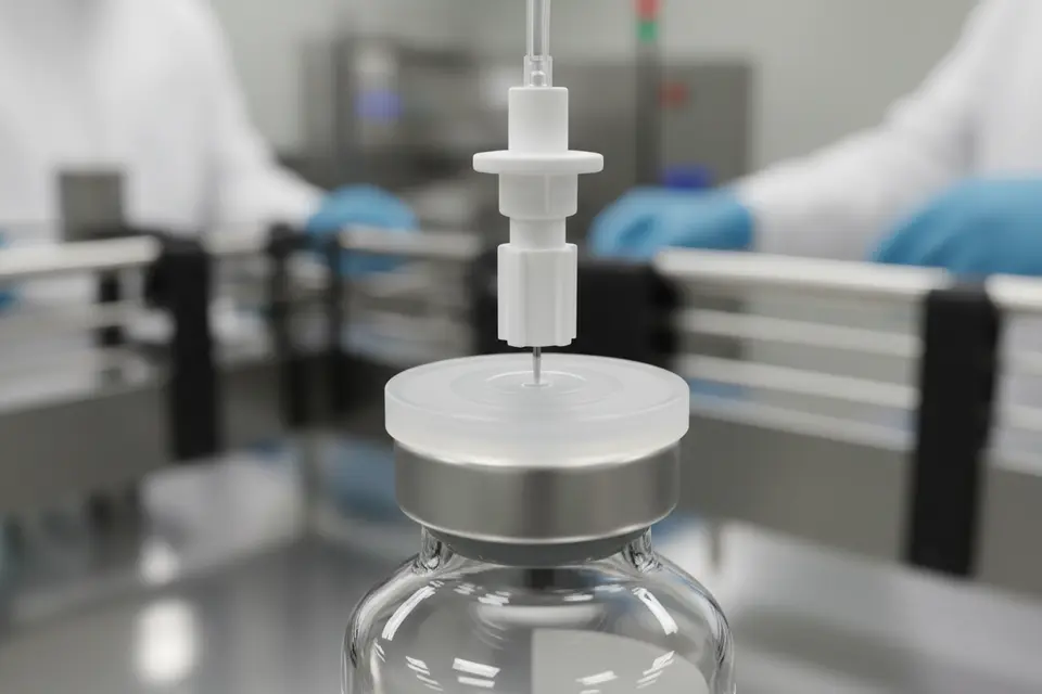 Vial filling machine close‑up shot