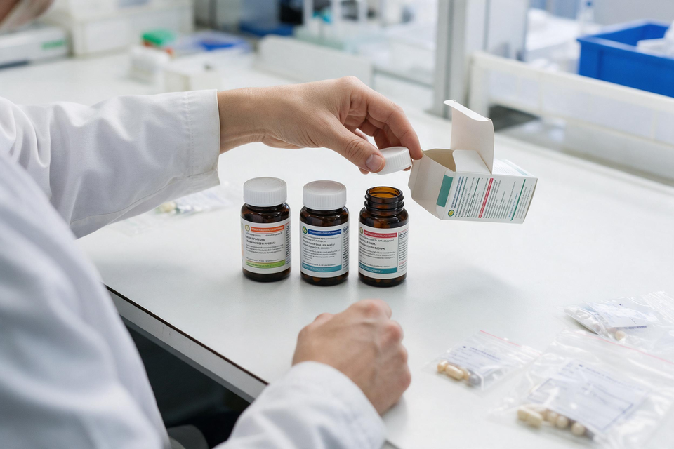 Pharmacist inspecting medicine bottles