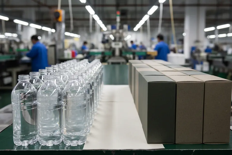 Plastic bottles and boxes on factory line