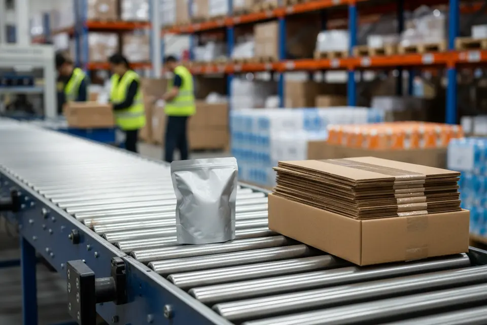 Packaging goods on warehouse conveyor belt