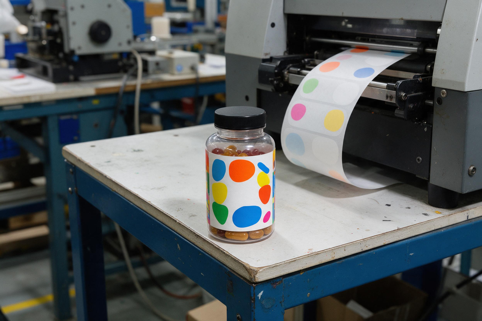 Bottle next to industrial label printer