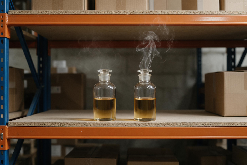 Smoking chemical bottles on warehouse shelf