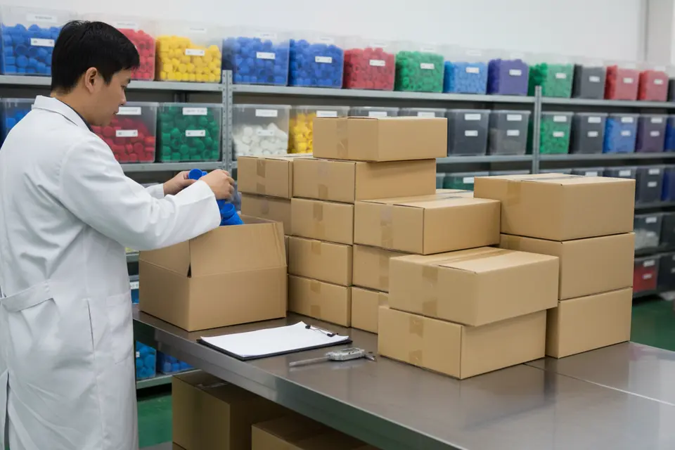Worker inspecting caps inside warehouse storage