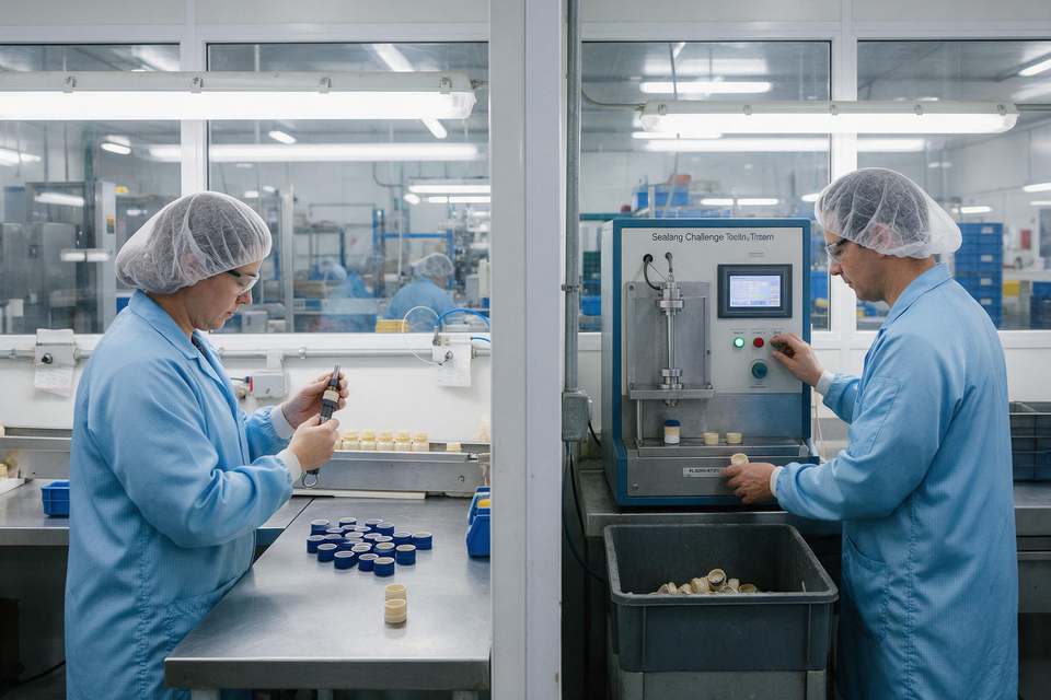 Workers testing bottle caps in factory lab