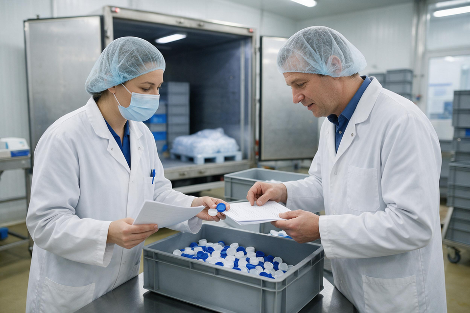 Two workers inspecting bottle cap samples