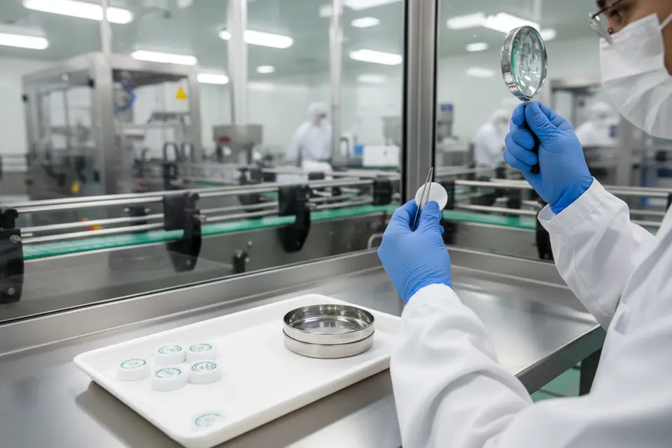 Technician inspecting bottle caps closely