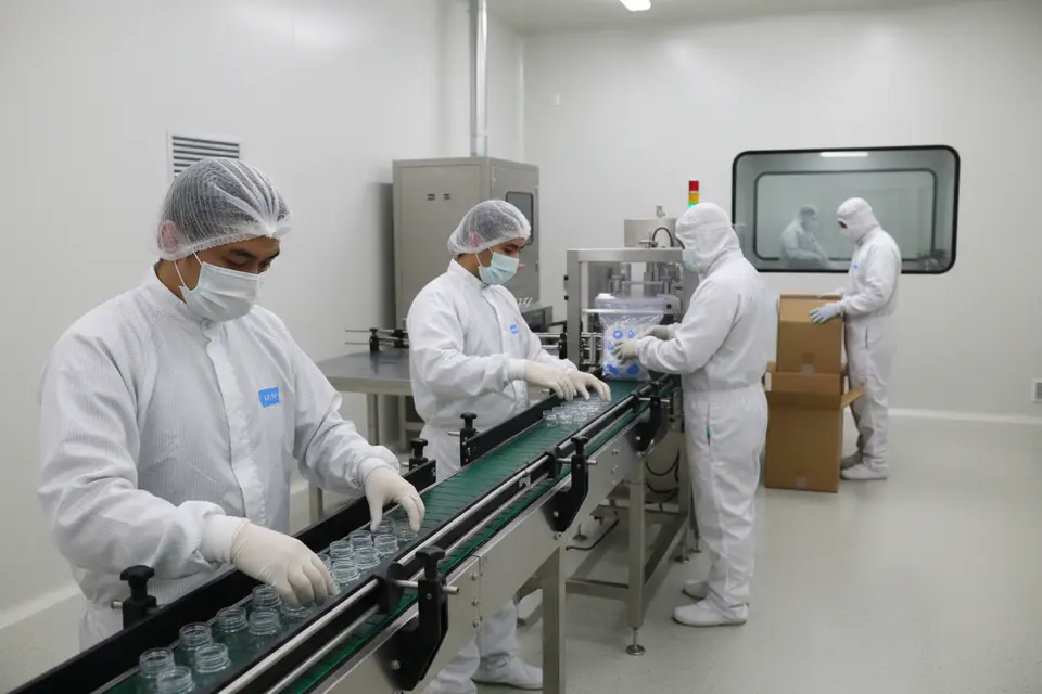 Workers operating clean‑room production line