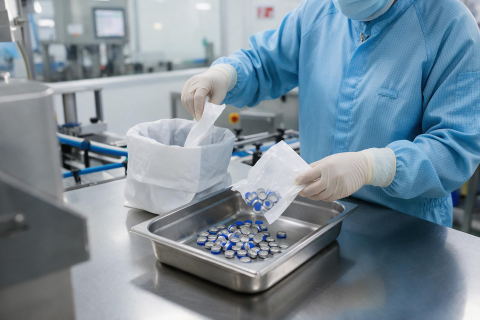 Worker sorting bottle caps in workshop
