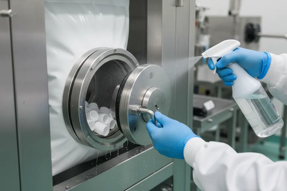 Worker sanitizing industrial machine equipment