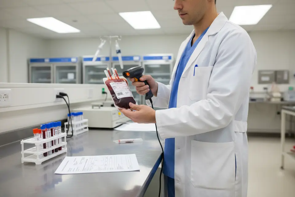 Lab worker scanning blood bag barcode