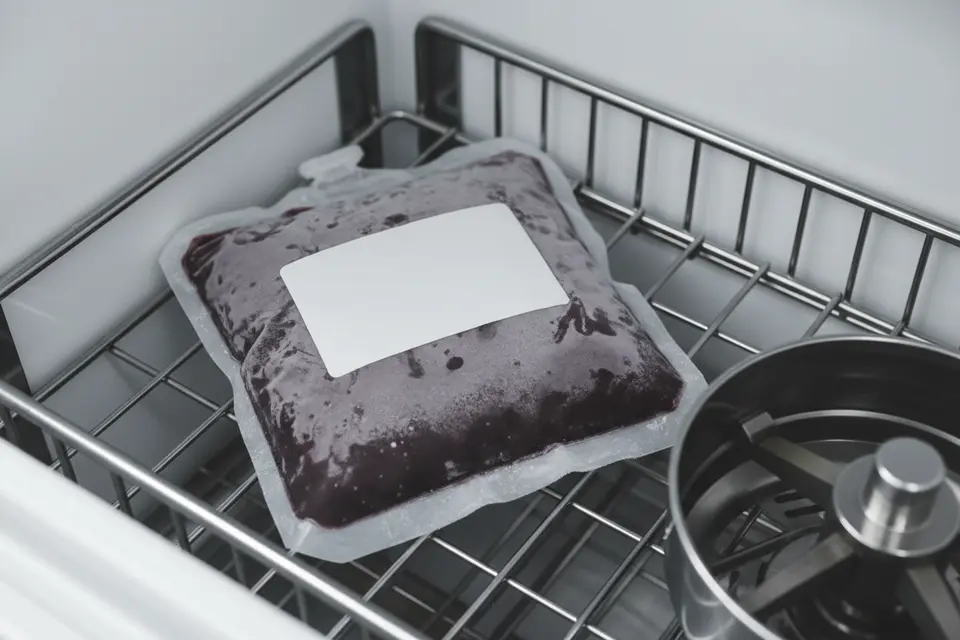 Frozen blood bag inside laboratory refrigerator
