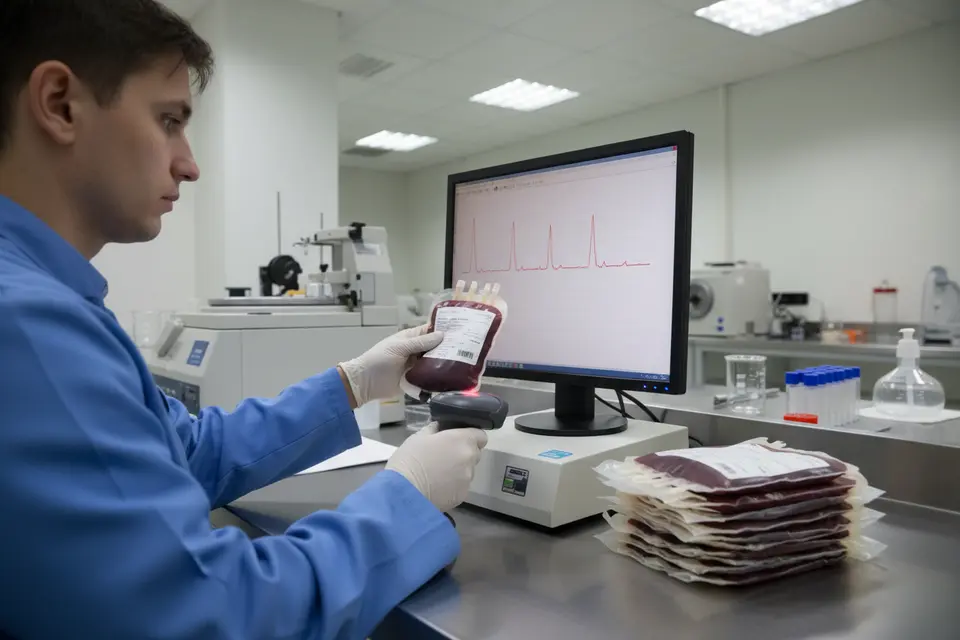 Technician scanning blood bag in lab