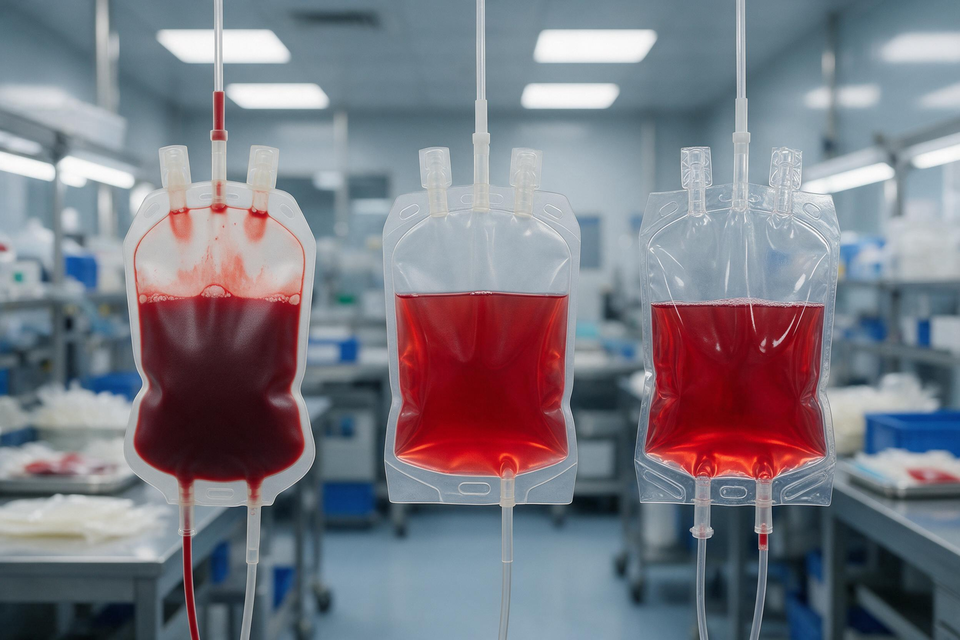 Three hanging blood bags in laboratory