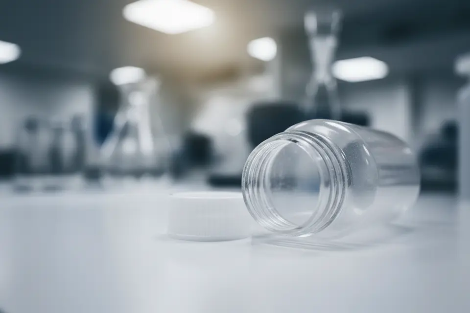 Empty plastic jar on lab table
