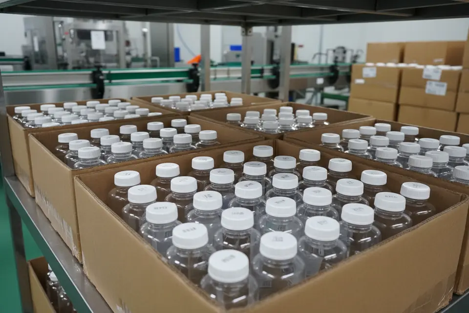 Boxes of empty plastic bottles in factory