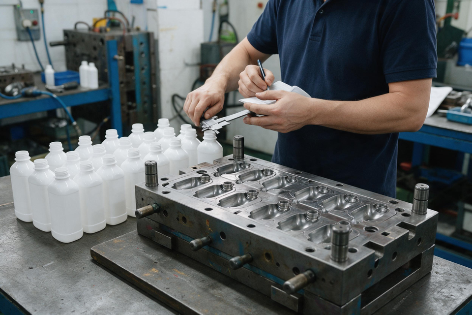 Worker measuring bottle with caliper tool