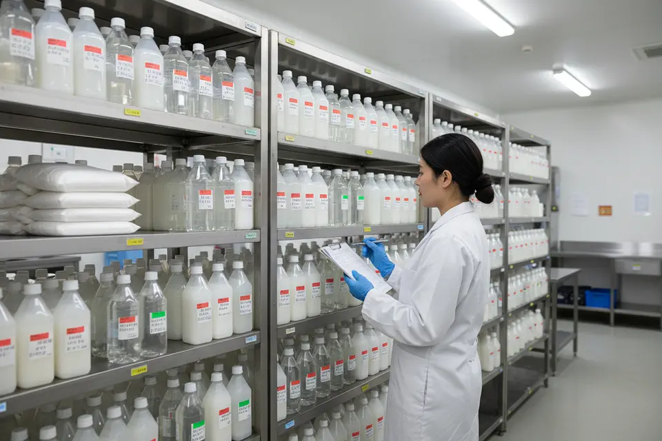 Technician auditing lab bottle inventory