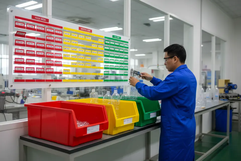 Worker measuring bottle in quality lab
