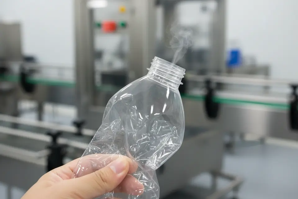 Hand holding deformed plastic bottle