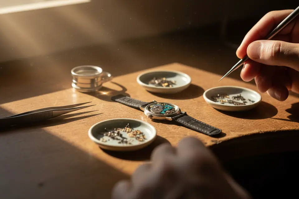 錶匠在擺滿鑷子和零件盤的工作檯前,用放大鏡檢視一只拆開底蓋的石英錶。