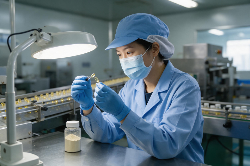 品管人員在檢驗燈下夾起軟膠囊端詳,旁邊放著粉劑瓶與輸送帶。