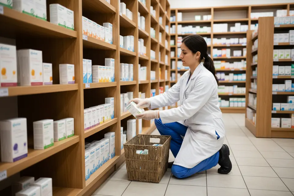 店員蹲在貨架旁,從紙箱逐盒取出保健品放上層板,架上盒子朝向不一。