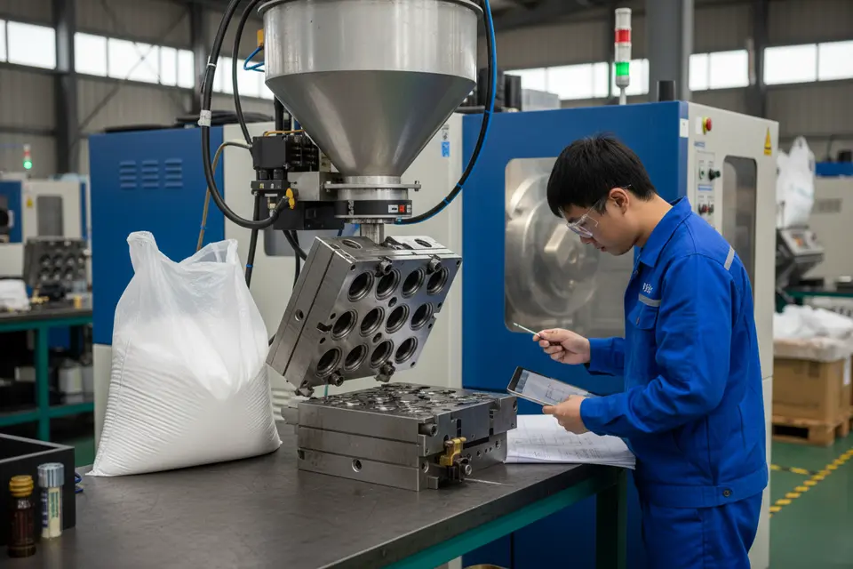 射出成型機旁放著多腔瓶蓋模具與樹脂原料,技術人員正對照圖紙微調模具。
