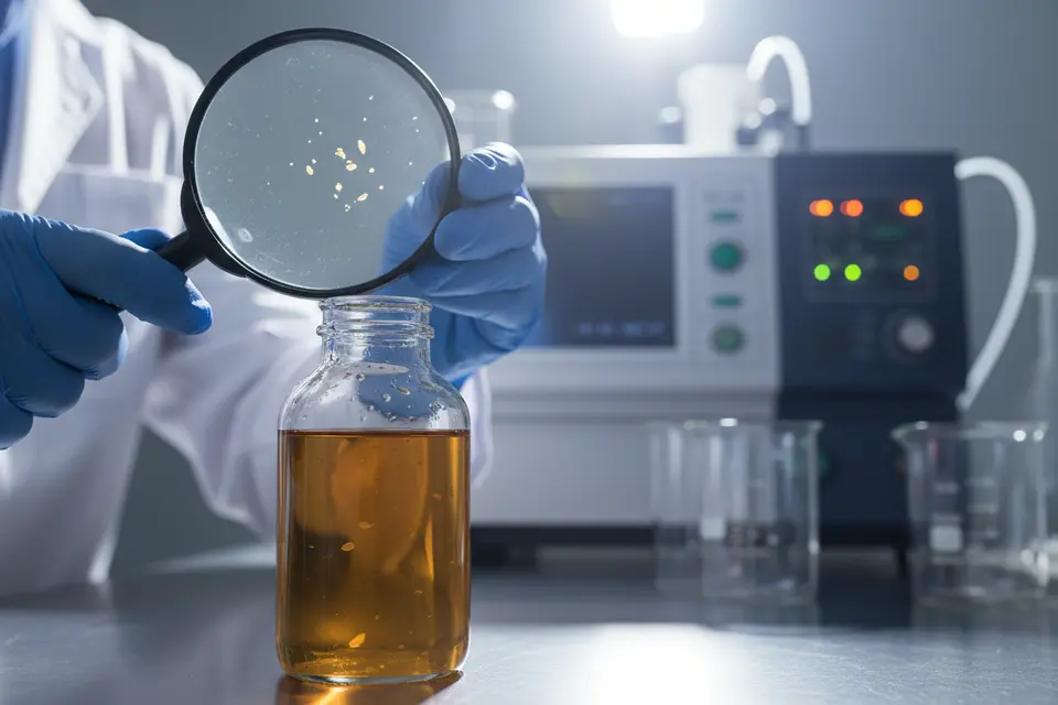 研究人員在實驗室強光下用放大鏡檢視液體保健品玻璃瓶內壁，液體中可見細小懸浮物。