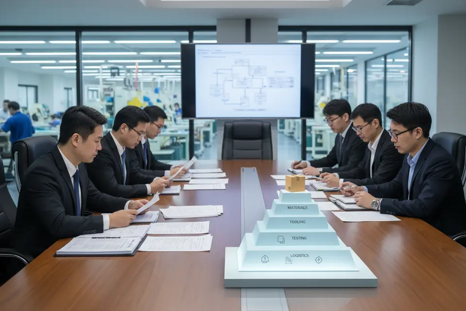 採購團隊圍坐會議桌檢視報價單,桌上浮現出多層成本結構。