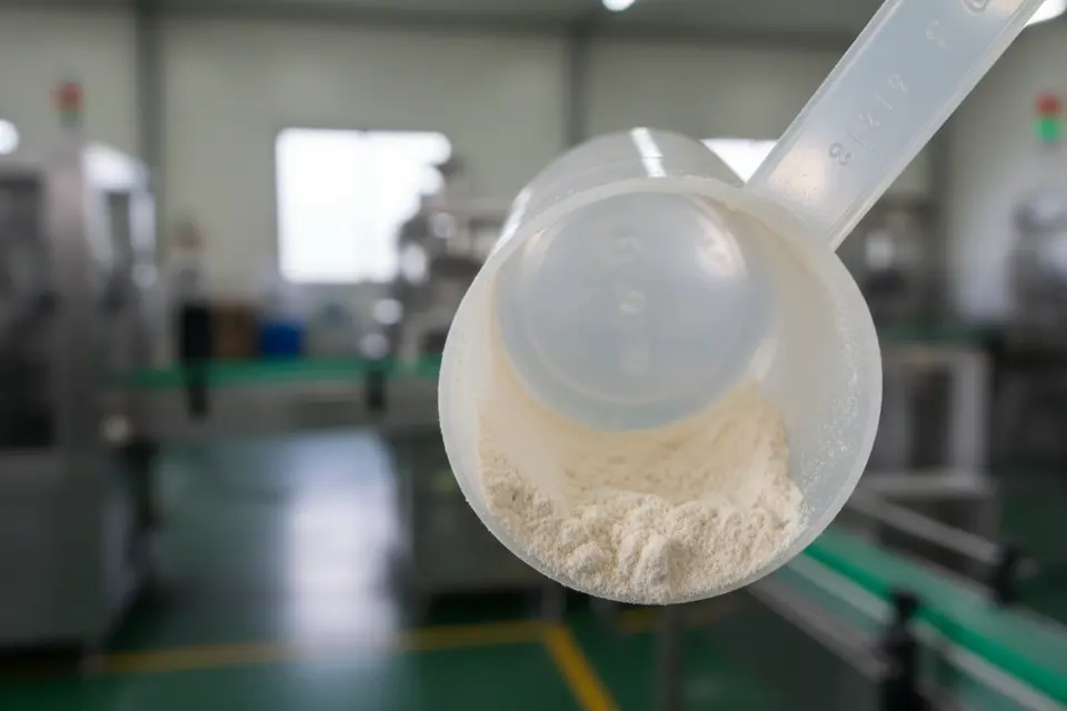 塑膠量勺的勺底和內壁沾滿殘留細粉,倒置後仍有粉末附著。