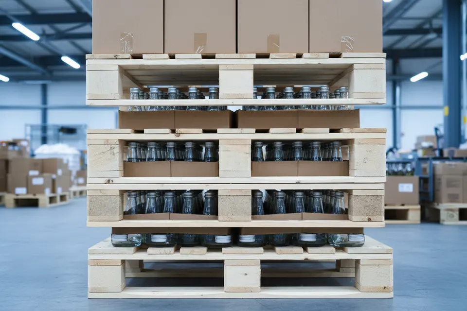 貨板堆疊剖面顯示垂直荷載向下傳遞,最底層瓶蓋受壓集中。