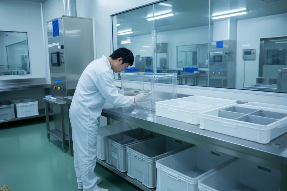 戴手套的人用拭子擦拭塑料容器角落,旁邊擺著幾款不同結構的周轉箱。