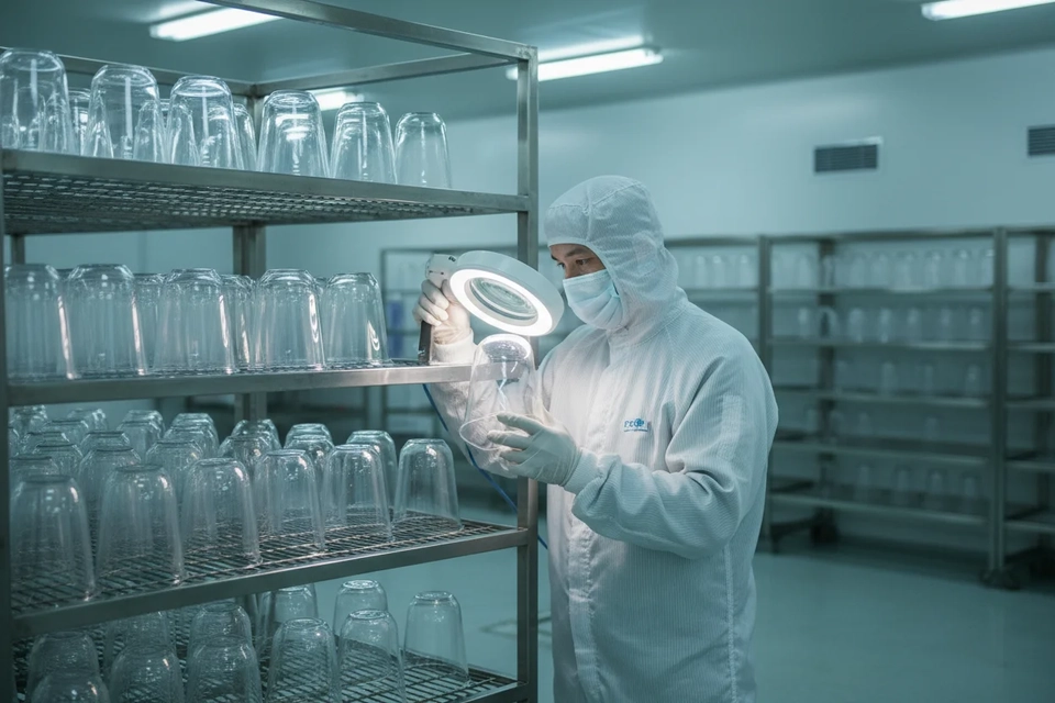 潔淨區裡,工作人員舉起塑料容器,在燈光下檢查內壁的裂紋與磨損。