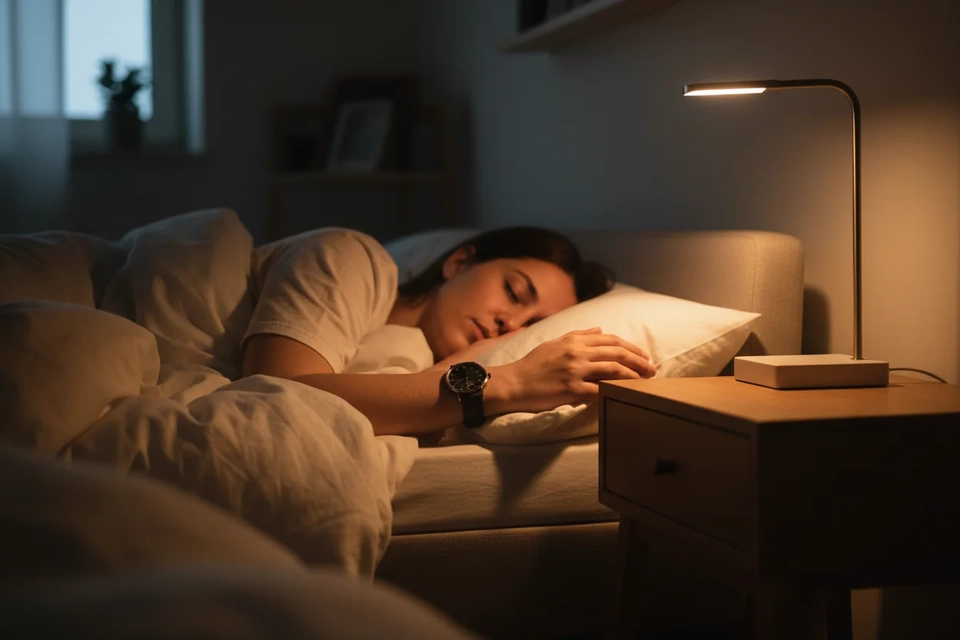 夜晚臥室中有人側睡,手腕戴著手錶靠在被鋪旁,床頭燈微亮。