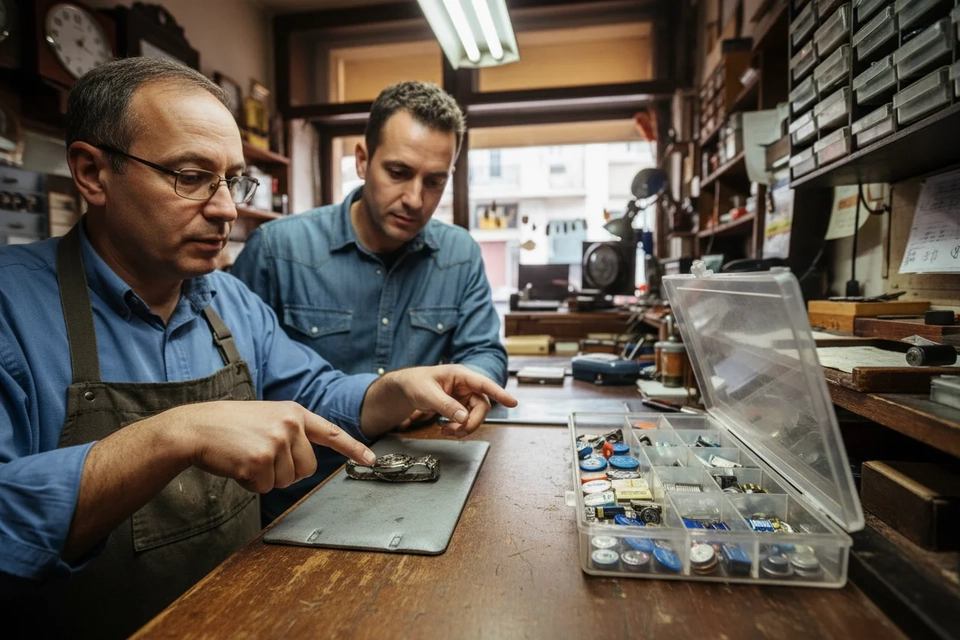維修店櫃檯前,師傅打開有蓋盒子,向客人展示裡面分類存放的舊電池。